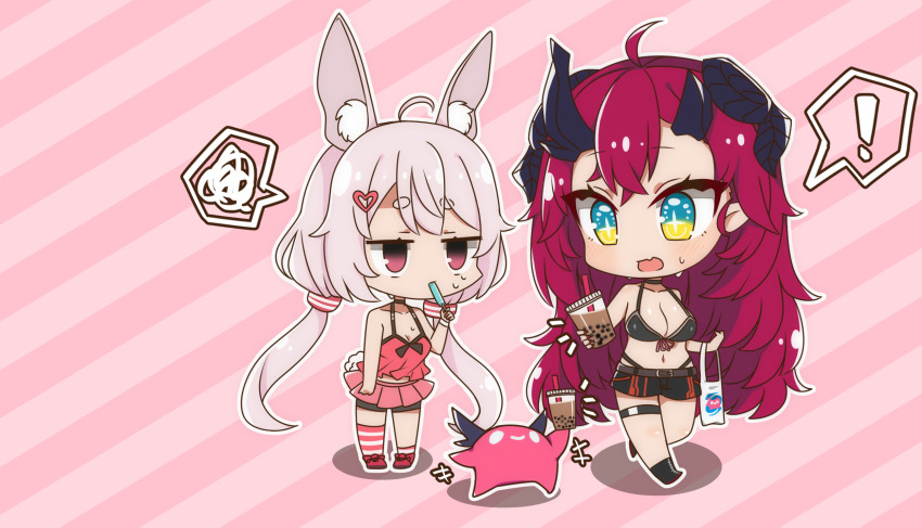 2girls animal_ears annoyed bag black_bra bra breasts chibi chibi_only creature cup eating fang food highres holding holding_bag holding_cup holding_food holding_popsicle horns indie_virtual_youtuber large_breasts long_hair low_twintails magrona magrona_channel mochimochi_kinako. multiple_girls navel open_mouth popsicle rabbit_ears rabbit_tail red_hair sweat tail tomari_mari twintails underwear virtual_youtuber walking white_hair