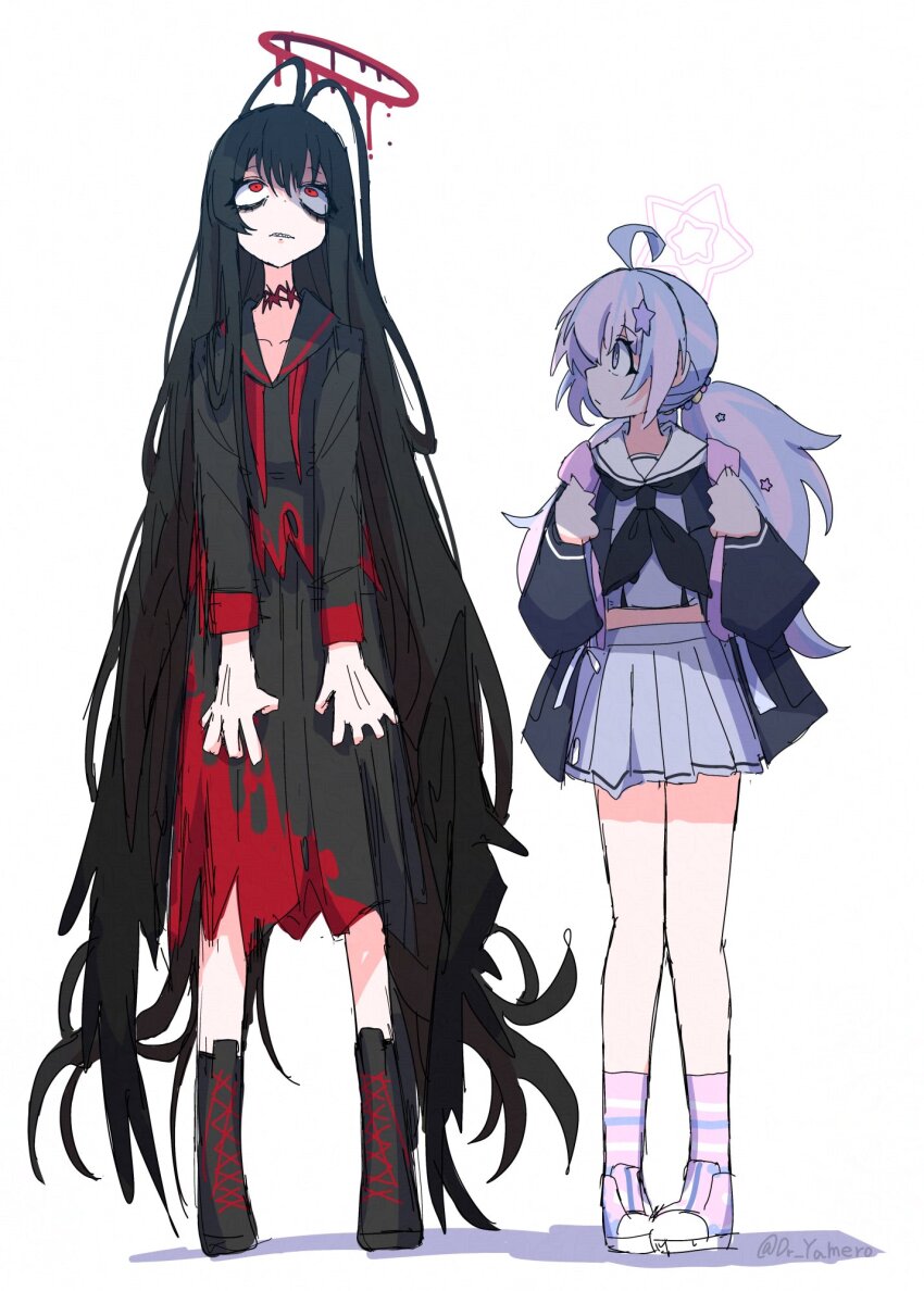 2girls ahoge antenna_hair backpack bag black_hair black_wings blood blood_halo blood_on_clothes blue_archive dr_yamero hair_ornament halo highres liquid_halo long_hair looking_at_another multiple_girls purple_hair red_eyes reisa_(blue_archive) school_uniform serafuku standing star_(symbol) star_hair_ornament star_halo tsurugi_(blue_archive) very_long_hair wings