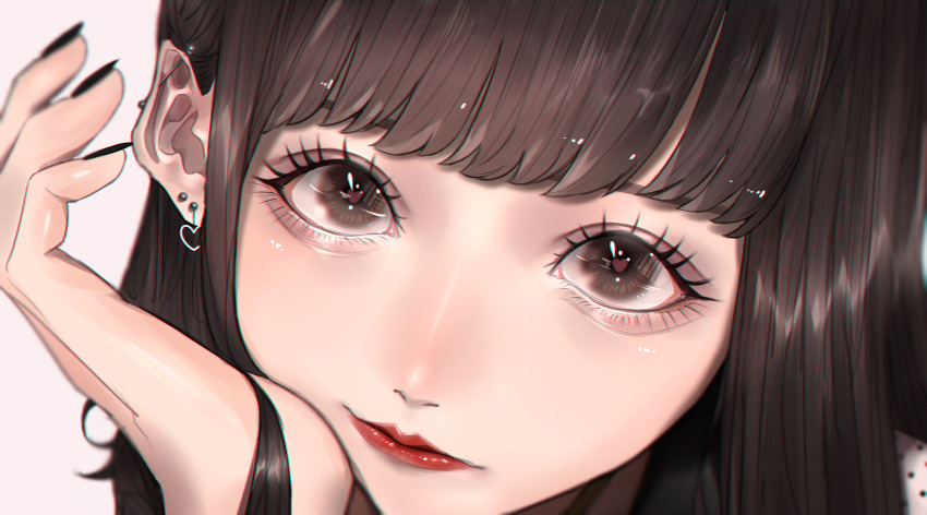 1girl absurdres barbell_piercing black_nails brown_eyes brown_hair close-up closed_mouth commentary_request ear_piercing earrings eyelashes fingernails hand_on_own_cheek hand_on_own_face heart heart-shaped_pupils heart_earrings highres jewelry lips lipstick long_fingernails looking_at_viewer makeup mano_aaa nail_polish original piercing portrait red_lips solo symbol-shaped_pupils