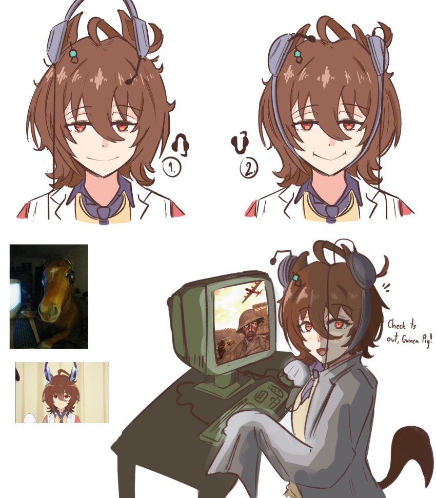 1girl agnes_tachyon_(tach-nology)_(umamusume) agnes_tachyon_(umamusume) ahoge animal_ears brown_hair closed_mouth computer computer_keyboard computer_mouse desk earrings hair_between_eyes headphones highres horse horse_ears horse_girl horse_tail jewelry johnholl0w lab_coat long_sleeves looking_at_viewer medium_hair meme monitor necktie open_mouth photo-referenced red_eyes reference_inset reference_photo shirt short_necktie single_earring sleeves_past_fingers sleeves_past_wrists smile sweater sweater_vest tail the_two-thousand_yard_stare thousand_yard_stare umamusume yellow_sweater yellow_sweater_vest