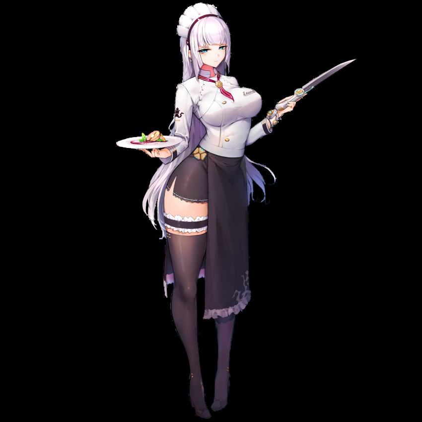 1girl blue_eyes blunt_bangs breasts character_name chef female_focus food full_body game_cg high_heels highres knife large_breasts last_origin long_hair looking_at_viewer maid_headdress official_art plate silver_hair sima_(startwitch) smile solo sowan_(last_origin) tachi-e thighhighs transparent_background
