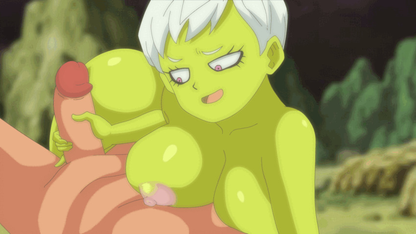 1boy 1girl animated animated_gif ass breast_press breasts cheelai colored_skin completely_nude dragon_ball dragon_ball_super erection green_skin handjob hetero large_breasts looking_at_penis lying_on_person masturbation nude oral penis riffsandskulls shiny_skin short_hair smile wide_hips