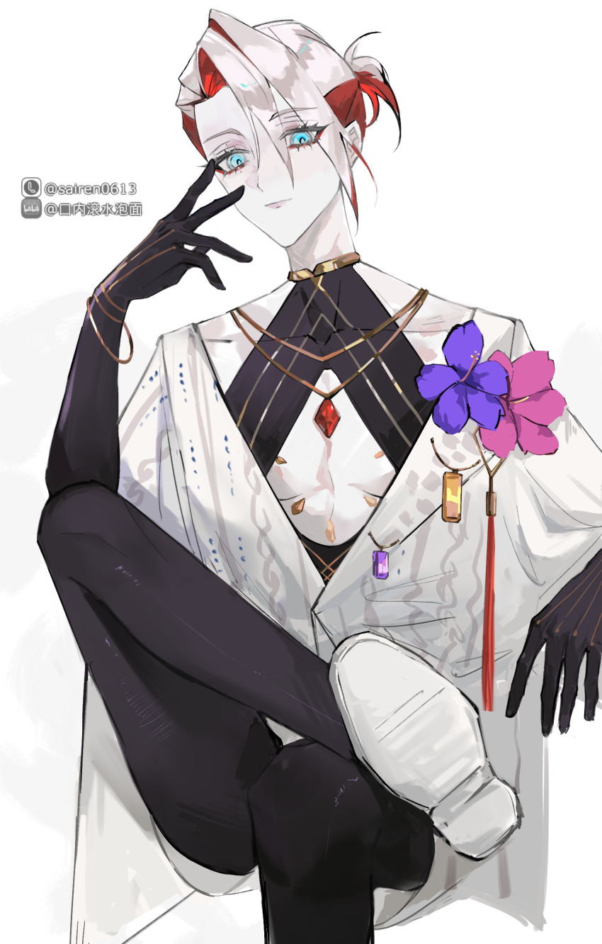 1boy bracelet chest_jewel colored_inner_hair eyeshadow eyeshadow_under_eye fate/grand_order fate_(series) gold_bracelet gold_necklace highres jewelry karna_(fate) karna_(summer_outfit)_(fate) looking_at_viewer makeup male_focus multicolored_hair necklace official_alternate_costume pale_skin ponytail red_eyeshadow red_hair shirt shitakuray short_hair short_ponytail simple_background sitting smile solo white_background white_hair white_shirt
