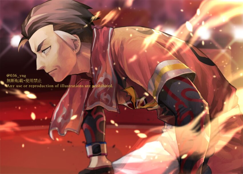 1boy black_eyes black_gloves blurry blurry_background bright_pupils closed_mouth commentary_request dynamax_band fire gloves kabu_(pokemon) looking_down male_focus nintendo pokemon pokemon_swsh red_shirt shirt short_hair solo squatting towel towel_around_neck twitter_username undershirt watermark white_pupils y_(036_yng)
