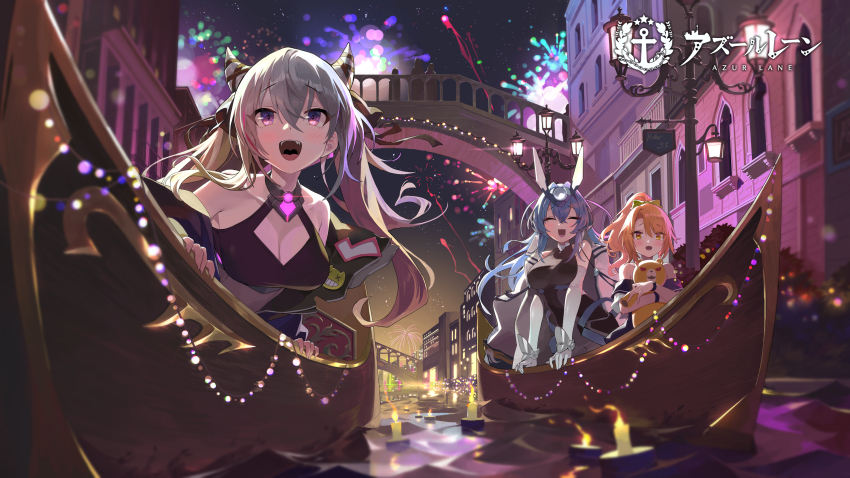 3girls absurdres azur_lane bare_shoulders blue_hair breasts bridge bsue candle cleavage cleavage_cutout clothing_cutout commentary_request elbow_gloves closed_eyes fireworks gloves gondola grey_hair hair_between_eyes headgear highres holding holding_toy large_breasts loading_screen long_hair morrison_(azur_lane) multicolored_hair multiple_girls new_jersey_(azur_lane) official_art open_mouth orange_hair outdoors pink_hair purple_eyes san_francisco_(azur_lane) sleeveless streaked_hair stuffed_toy taut_clothes teeth tongue toy two-tone_hair upper_teeth_only venice white_gloves