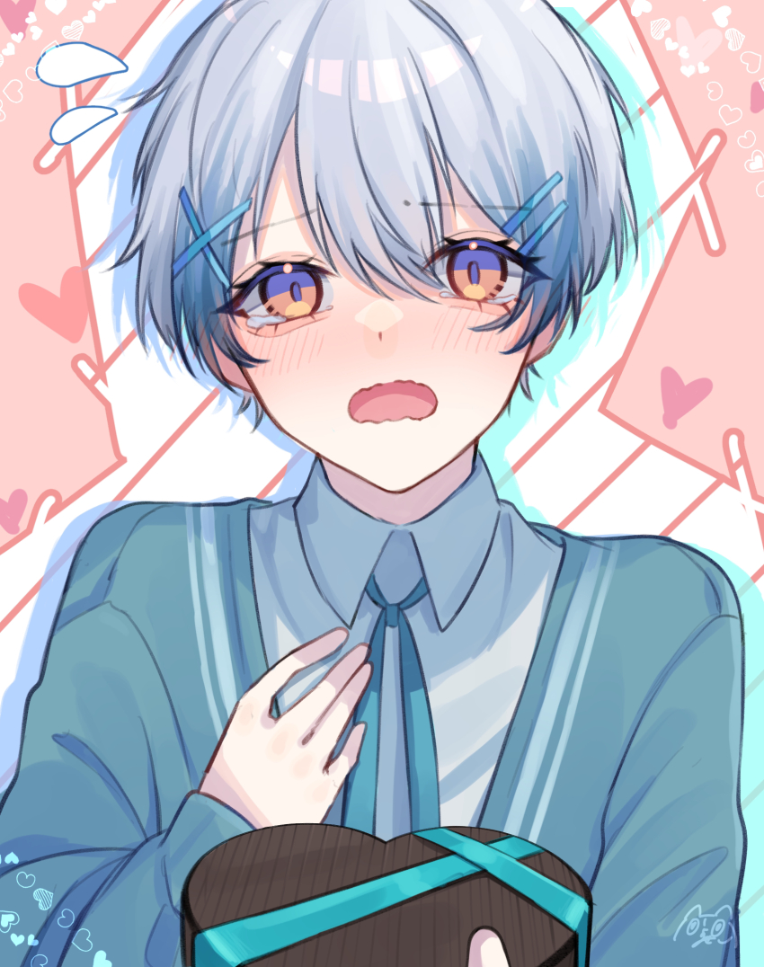 1boy 1other aqua_jacket aqua_ribbon blazer blush box collared_shirt commentary_request flying_sweatdrops grey_hair hair_between_eyes hair_ornament hairclip heart-shaped_box highres holding holding_box jacket neck_ribbon open_clothes open_jacket original purple_eyes ribbon shirt short_hair signature tears valentine white_shirt x_hair_ornament yoruse
