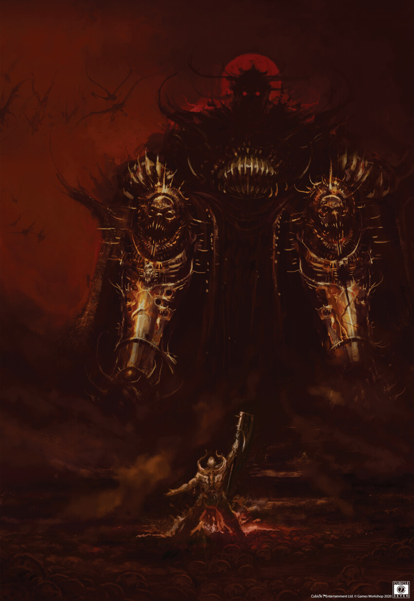 2boys absurdres adeptus_astartes armor axe battle_axe blood chaos_(warhammer) chaos_space_marine commentary copyright_name copyright_notice demon demon_horns english_commentary flying gold_armor headpiece hell heresy highres holding holding_axe horns khorne maxstaxidermia multiple_boys ornate_armor pelvic_curtain pile_of_skulls red_eyes red_skirt red_sky red_sun shaded_face shoulder_armor shoulder_spikes skirt skull skull_ornament sky spikes topless_male warhammer_40k warrior_of_chaos weapon world_eaters