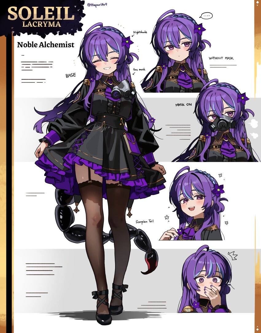 ... 1girl absurdres ahoge arrow_(symbol) black_shoes blue_hair borrowed_character breasts brown_thighhighs closed_eyes closed_mouth commission covering_own_mouth english_text flower gas_mask grin hair_flower hair_ornament hepari high_heels highres looking_at_viewer mask medium_breasts multicolored_hair original parted_lips purple_eyes purple_hair purple_nails scorpion_tail shoes smile solo speech_bubble spoken_ellipsis streaked_hair tail teeth thighhighs twitter_username upper_teeth_only