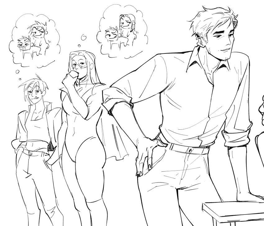 1boy 2girls absurdres altades_art belt blonde_blazer blush bodysuit collared_shirt crop_top cropped_jacket cup dispatch domino_mask drinking eye_mask facial_hair hand_in_pocket hand_on_table highres humping invisigal licking_lips long_hair mask multiple_girls pants shirt shirt_tucked_in short_hair smile speech_bubble thinking thought_bubble tongue tongue_out