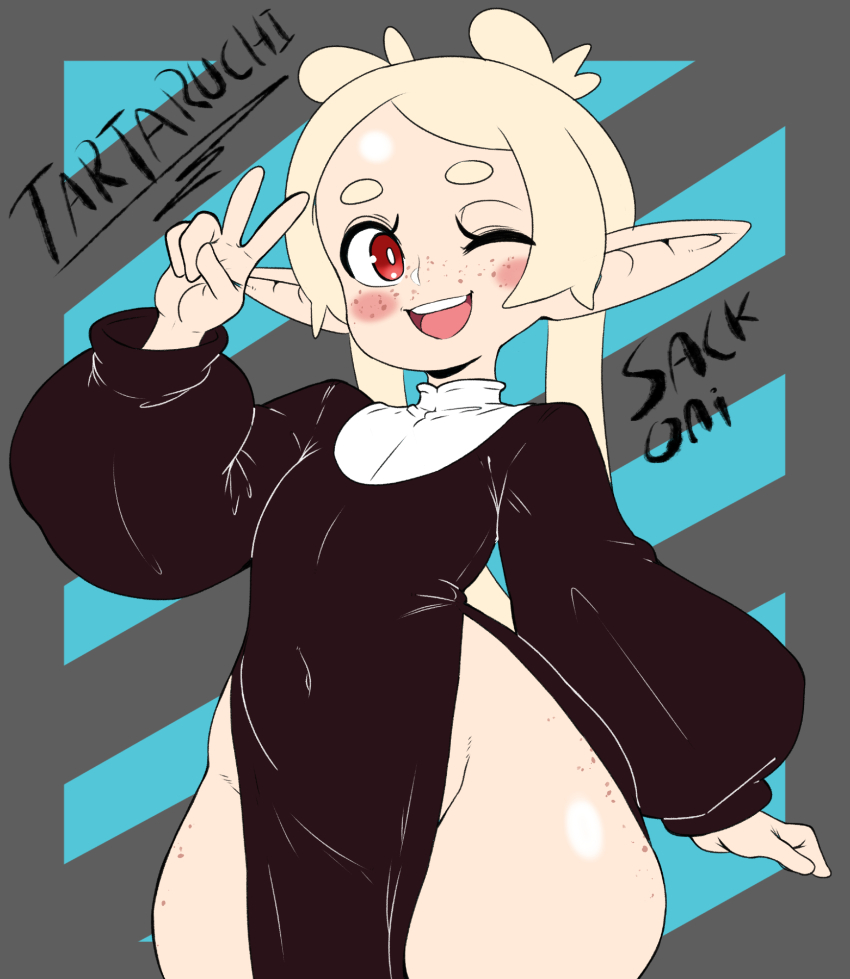 1girl artist_name blonde_hair blush body_freckles character_name final_fantasy final_fantasy_xiv flat_chest freckles groin highres lalafell long_hair looking_to_the_side no_panties nun one_eye_closed open_mouth pointy_ears red_eyes sackoni short_eyebrows smile solo teeth twintails upper_teeth_only v warrior_of_light_(ff14) wide_hips