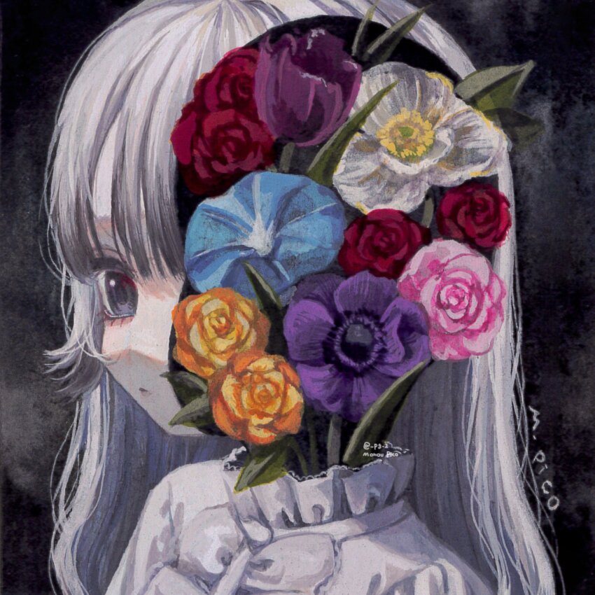 1girl anemone_(flower) collar expressionless flower frilled_collar frills from_side highres long_hair monou_pico morning_glory original pink_flower pink_rose portrait purple_eyes red_flower red_rose rose signature solo split_head tulip twitter_username white_hair yellow_flower