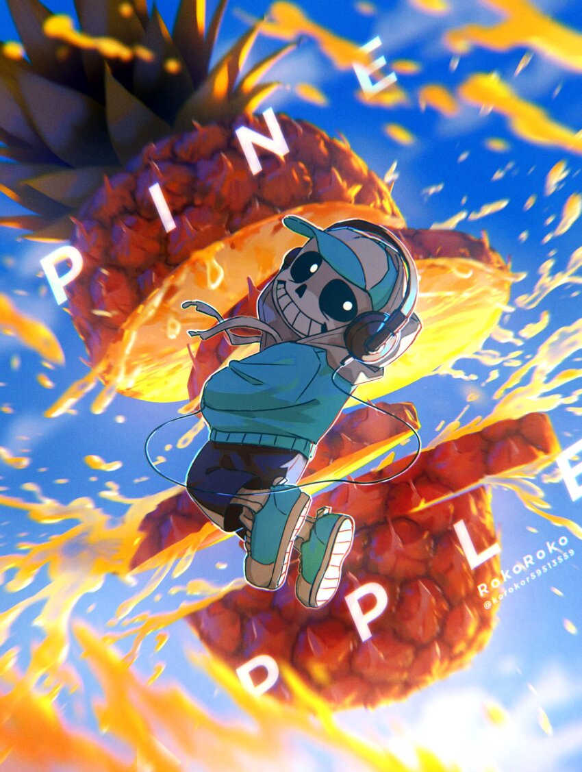 1boy artist_name black_shorts blue_jacket english_text food fruit headphones highres hood hood_down hooded_jacket jacket korokor59513559 looking_at_viewer male_focus pineapple pineapple_slice sans_(undertale) shorts skeleton solo splashing teeth twitter_username undertale