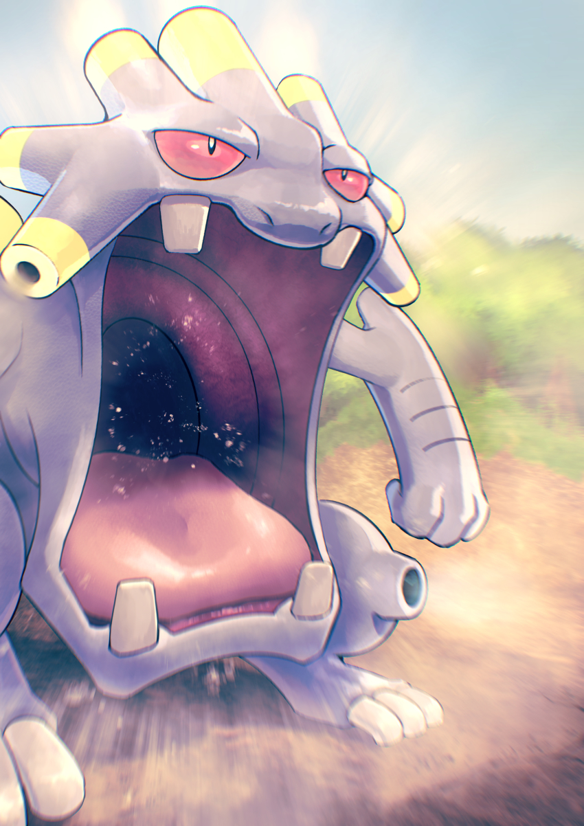 absurdres blurry clenched_hand commentary creatures_(company) day exploud fangs game_freak gen_3_pokemon higa-tsubasa highres nintendo no_humans open_mouth outdoors pokemon pokemon_(creature) solo standing tongue