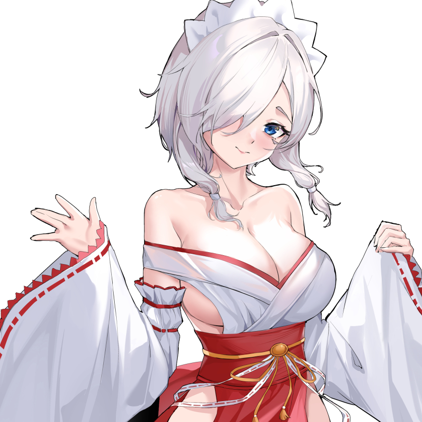 1girl absurdres bare_shoulders bingjilin breasts cleavage collarbone cowboy_shot dead_or_alive hair_over_one_eye highres large_breasts long_sleeves looking_at_viewer luna_(doa) nontraditional_miko short_hair simple_background solo white_background white_hair