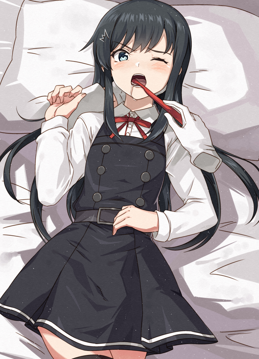 1girl asashio_(kancolle) asashio_kai_ni_(kancolle) black_dress black_thighhighs blue_eyes brushing_another&#039;s_teeth buttons disembodied_hand dress highres holding holding_toothbrush kanmiya_shinobu kantai_collection long_hair long_sleeves lying neck_ribbon on_back one_eye_closed pillow pinafore_dress pleated_dress red_ribbon ribbon shirt sleeveless sleeveless_dress solo_focus thighhighs toothbrush toothbrush_in_mouth very_long_hair white_shirt