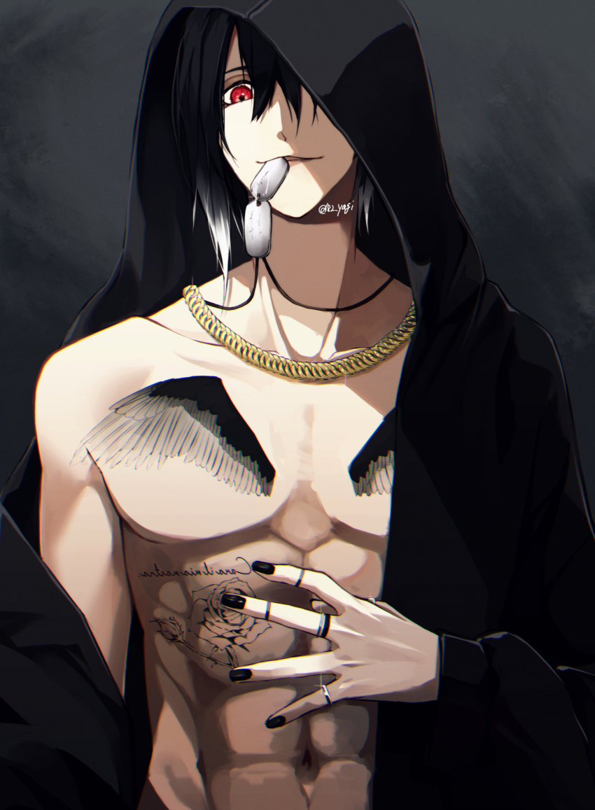 1boy abs black_background black_hair black_jacket black_nails chest_tattoo collarbone commentary_request dog_tags flower_tattoo highres hood hood_up hooded_jacket in_mouth jacket jewelry looking_at_viewer male_focus medium_hair multiple_rings nail_polish necklace original parted_lips pectorals red_eyes ring solo tattoo twitter_username upper_body wing_tattoo yagi_(shiro_yagi)
