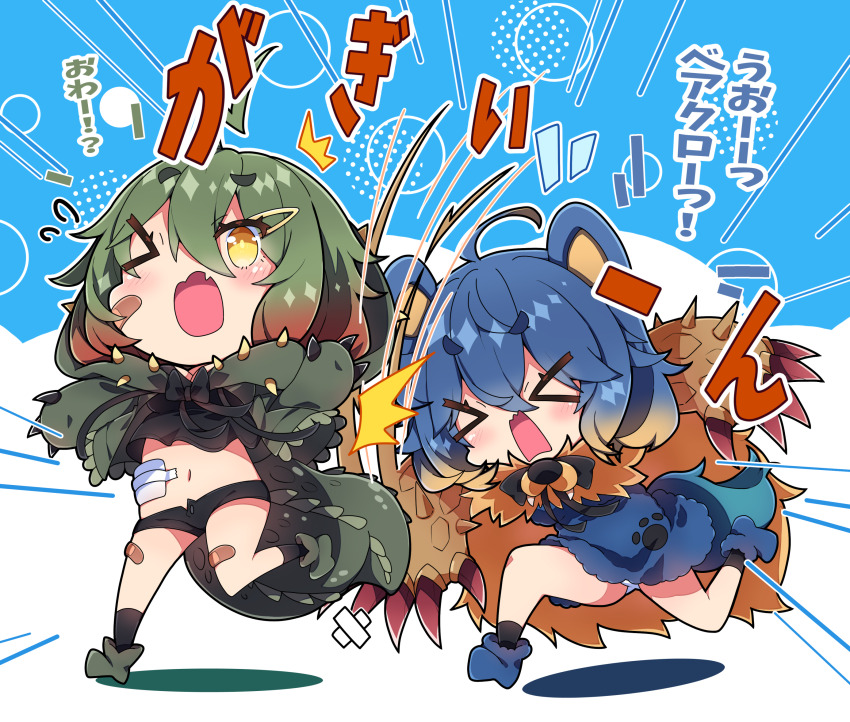 &gt;_&lt; &gt;_o 2girls ^^^ ahoge animal_ears arzuros bandaid bandaid_on_cheek bandaid_on_face bandaid_on_thigh black_shorts black_socks blue_background blue_dress blue_hair blue_shoes blush brown_hair chibi closed_eyes colored_shadow commentary_request deviljho dress emphasis_lines flying_sweatdrops gradient_hair green_hair green_shoes hair_between_eyes hair_ornament hairclip highres milkpanda monster_hunter_(series) multicolored_hair multiple_girls one_eye_closed open_mouth panties personification shadow shoes short_shorts shorts socks two-tone_background underwear wavy_mouth white_background white_panties yellow_eyes