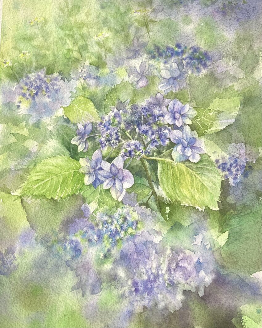 blue_flower blurry flower flower_focus highres leaf no_humans ooy33151086 original painting_(medium) plant plant_focus still_life traditional_media watercolor_(medium)