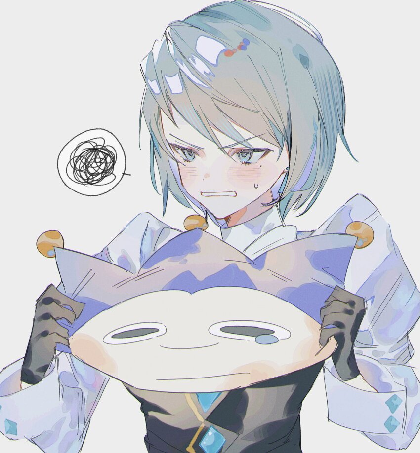1girl 4leajactest ace_attorney black_gloves black_vest blue_badger blue_eyes blue_hair blush buttons character_pillow chromatic_aberration collared_shirt diamond_button earrings franziska_von_karma gloves hat highres holding holding_pillow jester_cap jewelry juliet_sleeves long_sleeves looking_ahead mole mole_under_eye parted_lips pillow puffy_sleeves rectangular_mouth shirt short_hair simple_background single_tear smile solid_circle_pupils solo speech_bubble spoken_squiggle squiggle sweatdrop swept_bangs tearing_up upper_body v-shaped_eyebrows vest white_background white_shirt