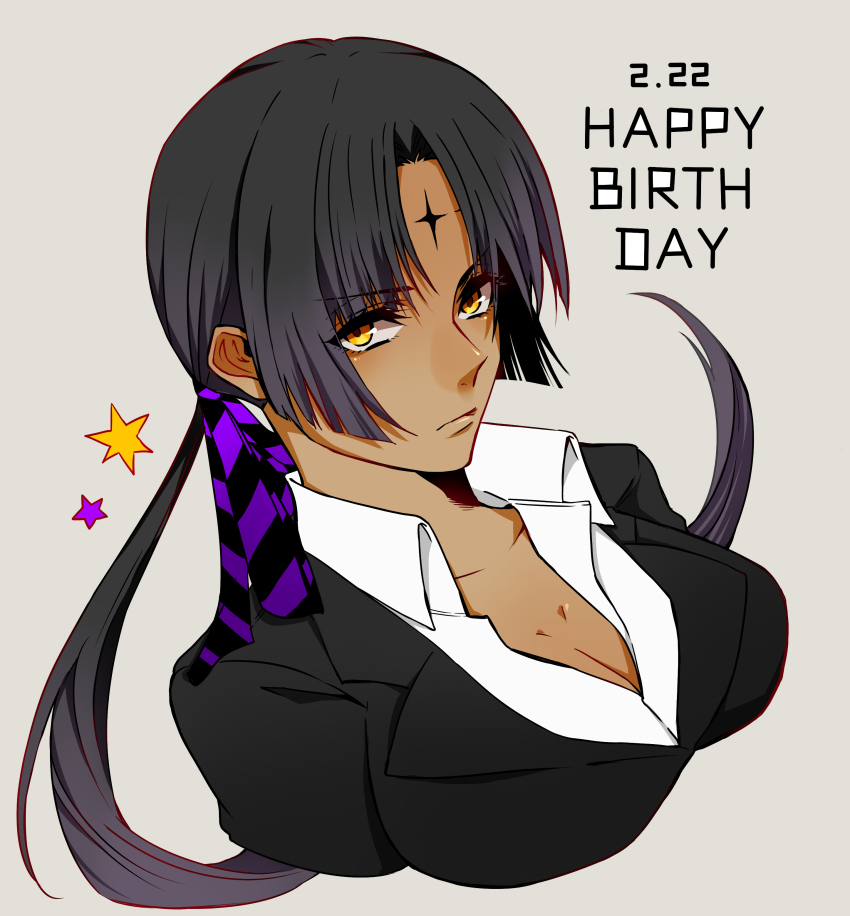 1girl absurdres birthday black_hair black_ribbon black_suit breasts cleavage collarbone collared_shirt d.gray-man dark-skinned_female dark_skin dress_shirt floating_hair formal_clothes grey_background hair_ribbon happy_birthday highres large_breasts long_hair looking_at_viewer looking_to_the_side low_ponytail lulu_bell mature_female noah_(d.gray-man) orange_eyes ponytail purple_ribbon purple_star ribbon shirt sidelocks simple_background solo star_(symbol) suit two-tone_ribbon white_shirt woldwolf9 yellow_star