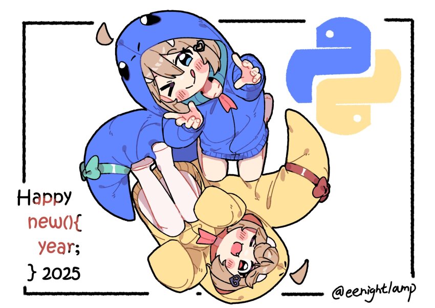 &gt;_o 2025 2girls :q ;d ahoge animal_costume blue_eyes blue_ribbon blush broken_heart broken_heart_hair_ornament brown_hair chinese_zodiac commentary cosplay detached_ahoge dual_persona eenightlamp english_commentary evil_neuro-sama fang happy_new_year highres indie_virtual_youtuber multiple_girls neuro-sama new_year one_eye_closed open_mouth python_(programming_language) red_eyes red_ribbon ribbon simple_background smile snake_costume tail tail_ornament tail_ribbon tongue tongue_out twitter_username virtual_youtuber white_background year_of_the_snake