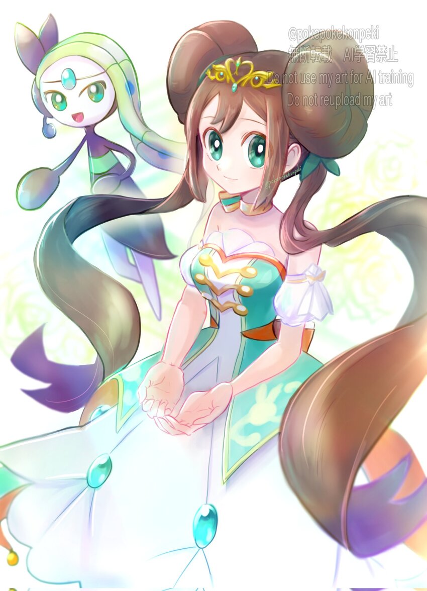 2girls bare_shoulders breasts brown_hair cowboy_shot donut_hair_bun double_bun dress gen_5_pokemon green_dress green_eyes green_hair hair_bun highres legendary_pokemon long_hair medium_breasts meloetta meloetta_(aria) multiple_girls mythical_pokemon nintendo pokemon pokemon_(creature) pokemon_masters_ex pokepokekonpeki rosa_(champion)_(pokemon) rosa_(pokemon) strapless strapless_dress very_long_hair watermark white_dress
