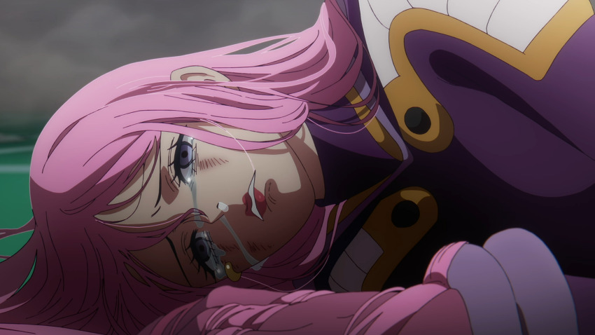 1girl :&lt; anime_screenshot breasts empty_eyes gloves injury jewelry_bonney jewelry_bonney_(egghead) large_breasts leotard lips lipstick long_hair lying makeup mucus on_side one_piece pink_hair purple_leotard red_lips ryona sad shaded_face solo stitched teardrop tears third-party_edit toei_company wide_hips