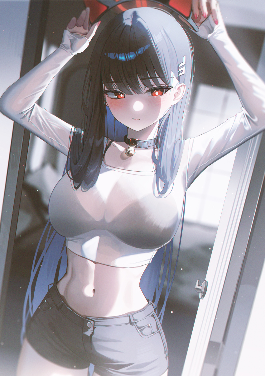 1girl absurdres animal_ears arms_up bell black_collar black_hair black_shorts blue_archive blush cat_ears closed_mouth collar crop_top domi_(hongsung0819) doorway halo highres holding_hairband long_hair long_sleeves midriff navel neck_bell open_door red_eyes rio_(blue_archive) short_shorts shorts solo stomach very_long_hair