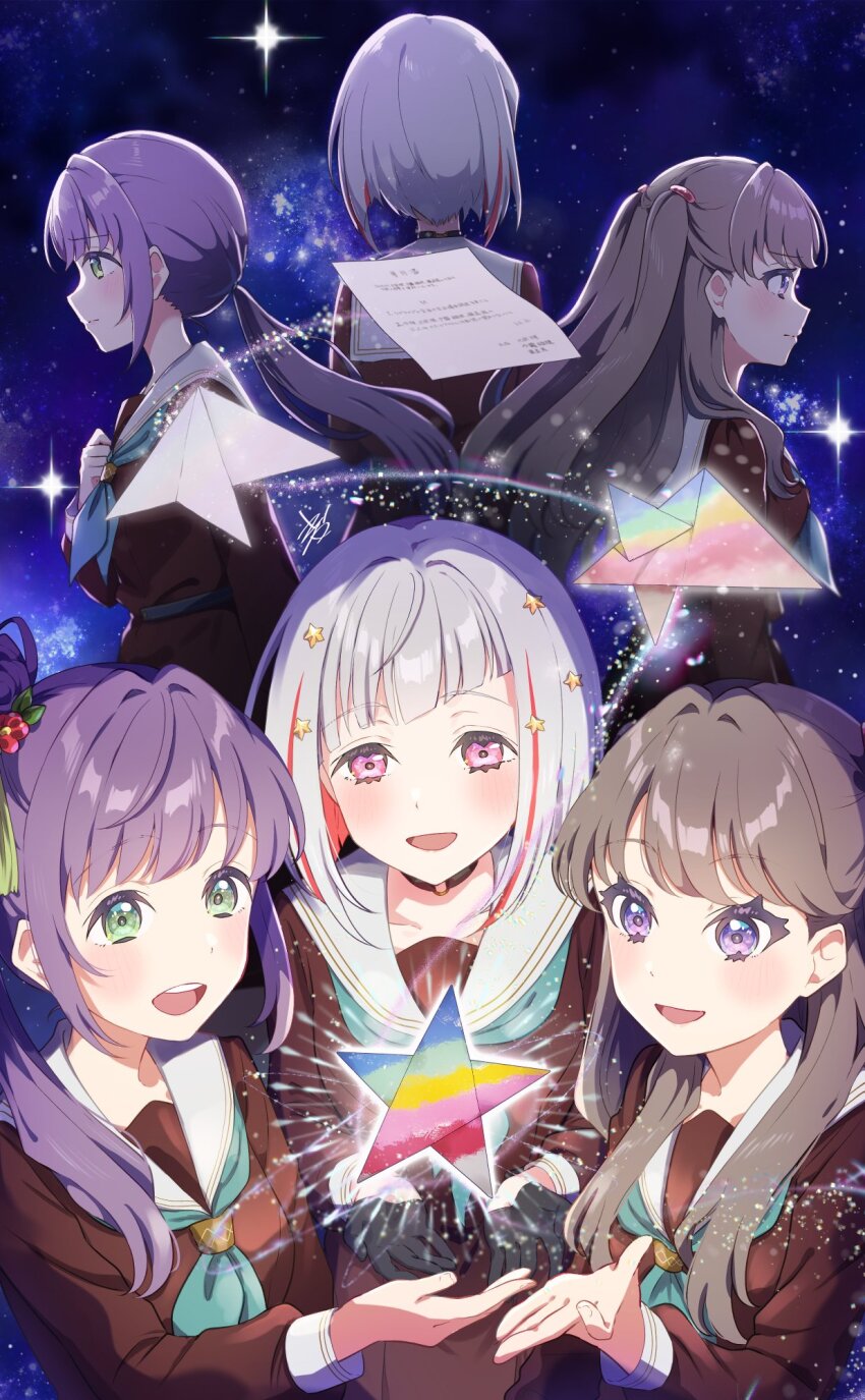 3girls :d aqua_neckerchief black_choker black_gloves blush bob_cut brown_dress brown_hair choker closed_mouth colored_inner_hair diagonal_bangs dress facing_away flower fujishima_megumi gloves green_eyes grey_hair hair_bun hair_flower hair_ornament half_gloves hasu_no_sora_school_uniform highres inverted_bob kyaku_tasu link!_like!_love_live! lone_nape_hair long_hair long_sleeves love_live! low_ponytail multicolored_hair multiple_girls multiple_views neckerchief o-ring o-ring_choker open_mouth origami otomune_kozue pink_eyes ponytail profile purple_eyes purple_hair red_flower red_hair sailor_collar sailor_dress school_uniform short_hair side_ponytail sidelocks signature single_side_bun smile star_(sky) star_(symbol) star_hair_ornament streaked_hair tassel tassel_hair_ornament two_side_up virtual_youtuber white_sailor_collar winter_uniform yugiri_tsuzuri