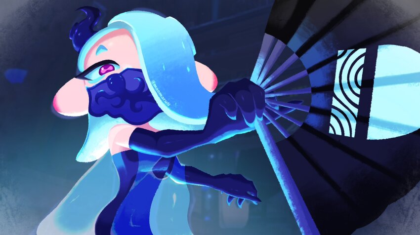 1girl black_dress black_gloves blue_hair cephalopod_eyes commentary dress elbow_gloves eyelashes folding_fan gloves gradient_hair hair_over_one_eye hand_fan highres holding holding_fan maomarulii medium_hair multicolored_hair nintendo octoling print_folding_fan red_eyes red_pupils shiver_(frostyfest)_(splatoon) shiver_(splatoon) short_eyebrows solo splatoon_(series) splatoon_3 strapless strapless_dress tentacle_hair tentacle_hair_ornament thick_eyebrows