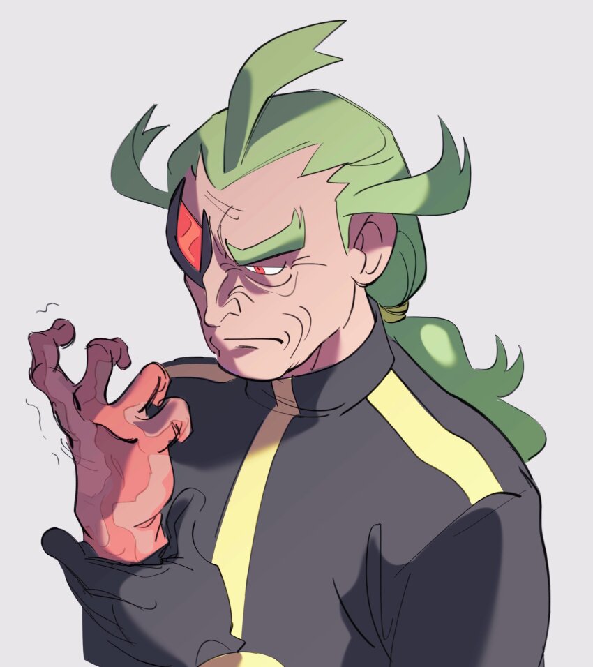 1boy black-framed_eyewear black_gloves closed_mouth commentary ghetsis_(pokemon) gloves green_hair grey_background hands_up highres jacket long_hair looking_down lynn_(daisiloou) male_focus nintendo pokemon pokemon_bw2 red_eyes scar solo upper_body wrinkled_skin