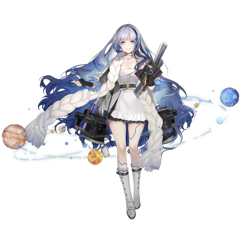 1girl black_gloves blue_eyes blue_hair book boots breasts dress fingerless_gloves full_body game_cg girls&#039;_frontline girls&#039;_frontline_neural_cloud gloves highres holding holding_book hubble_(neural_cloud) large_breasts long_hair looking_at_viewer multicolored_hair official_art orbital_path planet porafree projector scarf smile solo streaked_hair third-party_source transparent_background very_long_hair watch white_boots white_dress white_scarf wristwatch