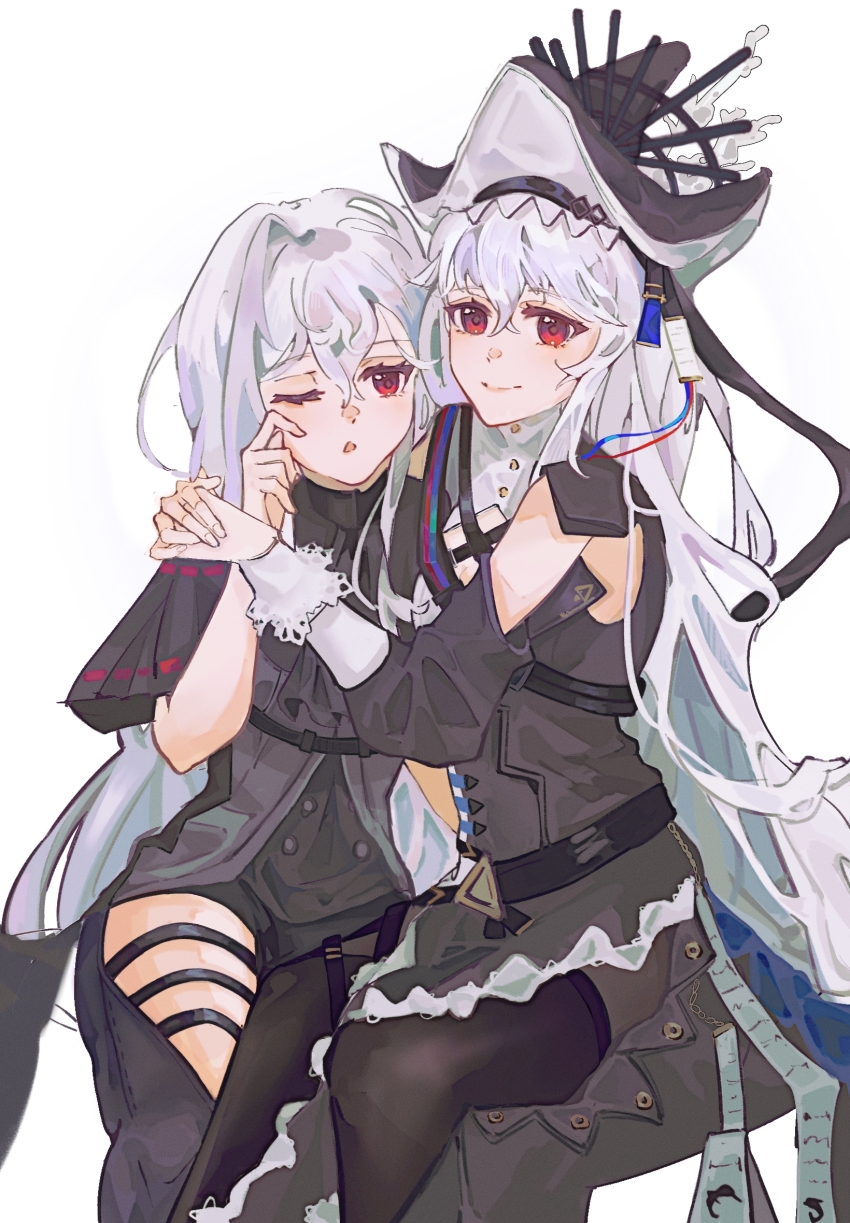 2girls arknights bie_rou_jiang black_dress black_hat black_pantyhose black_shirt chinese_commentary closed_mouth clothing_cutout commentary_request cowboy_shot dress grey_hair grey_hat hair_between_eyes hat highres hug interlocked_fingers invisible_chair leg_cutout long_hair long_sleeves looking_at_viewer multiple_girls one_eye_closed open_mouth own_hands_together pantyhose red_eyes rubbing_eyes shirt short_sleeves simple_background sitting skadi_(arknights) skadi_(elite_ii)_(arknights) smile specter_(arknights) specter_the_unchained_(arknights) thigh_strap two-sided_fabric two-sided_headwear white_background