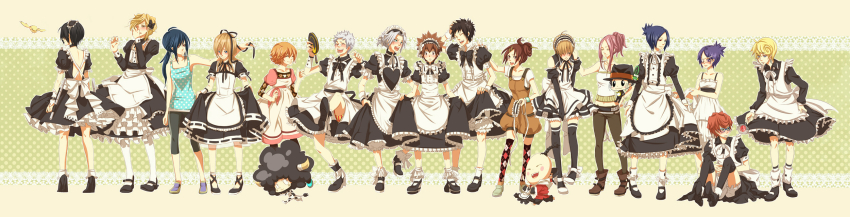 6+boys 6+girls aqua_shirt bandages basil bianchi black_hair blonde_hair blouse blue_hair brown_hair candy chrome_dokuro closed_eyes covering_crotch covering_privates dino dino_cavallone eyepatch food fuuta_delle_stelle glasses gokudera_hayato hand_on_own_head hibari_kyouya hibird highres i-pin irie_shoichi katekyo_hitman_reborn! kneepits lal_mirch lambo lollipop long_hair long_image maid miura_haru multiple_boys multiple_girls polka_dot polka_dot_shirt reborn red_eyes redpig31 rokudou_mukuro sasagawa_kyouko sasagawa_ryohei sawada_tsunayoshi shirt short_hair silver_hair skirt_hold sleeveless sleeveless_shirt socks spanner_(reborn!) tattoo thighhighs wide_image yamamoto_takeshi