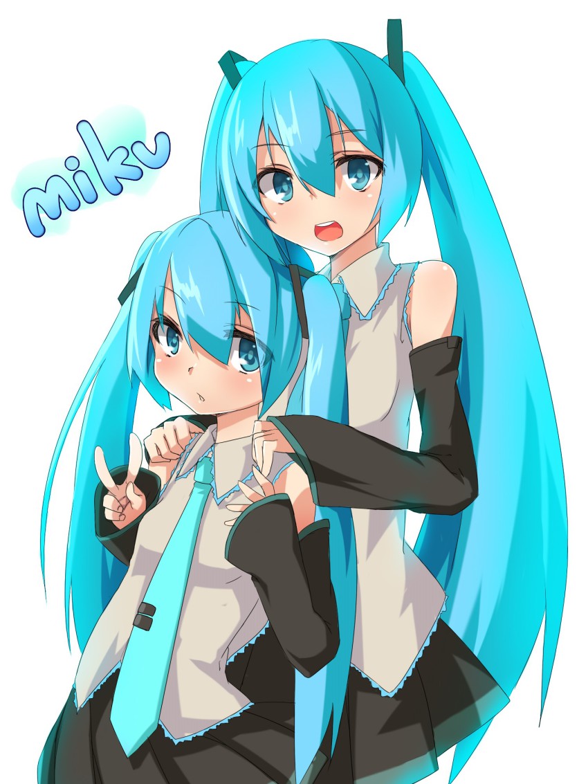 2girls aqua_eyes aqua_hair brll character_name detached_sleeves dual_persona hands_on_shoulders hatsune_miku highres long_hair multiple_girls necktie open_mouth skirt twintails v very_long_hair vocaloid white_background yamaha aged_down