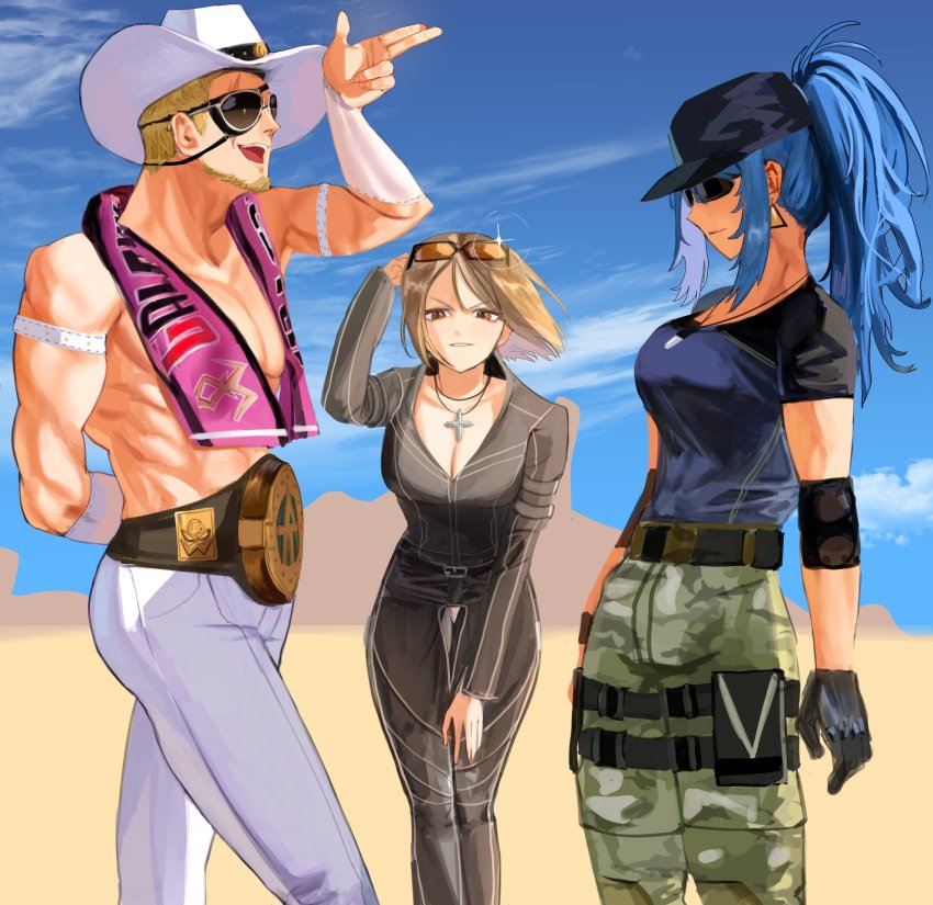 1boy 2girls antonov_(kof) arm_behind_back baseball_cap belt blonde_hair blue_hair breasts brown_hair championship_belt clark_still cosplay costume_switch cowboy_hat cross cross_necklace dan_koflove desert dog_tags eyepatch hat highres jewelry k&#039;_(kof) large_breasts leona_heidern medium_breasts multicolored_clothes multiple_girls necklace pants ponytail ramon_(kof) sunglasses the_king_of_fighters the_king_of_fighters_xv topless_male whip_(kof) white_pants