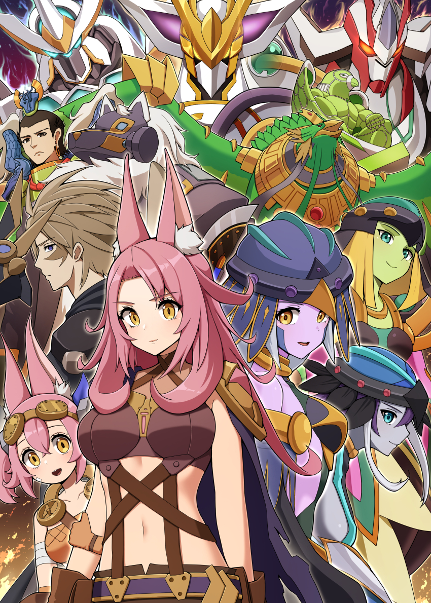 3boys 5girls absurdres accesscode_talker ancient_warriors_oath_-_double_dragon_lords animal_ears aqua_eyes armored_animal bandaged_arm bandages bare_shoulders barrier_statue_of_the_stormwinds belt bird blue_eyes breasts brown_eyes brown_hair cape cat_ears colored_skin divine_arsenal_aa-zeus_-_sky_thunder duel_monster earrings feathers frown gloves goggles goggles_on_head green_eyes green_skin harpy hat highres holding_another&#039;s_arm jewelry long_hair lyrilusc_-_assembled_nightingale lyrilusc_-_ensemblue_robin lyrilusc_-_recital_starling macatatera mask unworn_mask mecha midriff monster_girl multiple_boys multiple_girls navel number_f0_utopic_future open_mouth purple_skin robot short_hair simorgh_bird_of_sovereignty single_earring smile tri-brigade_ferrijit_the_barren_blossom tri-brigade_kitt tri-brigade_rugal_the_silver_sheller tri-brigade_shuraig_the_ominous_omen white_hair winged_arms wings yellow_eyes yu-gi-oh!
