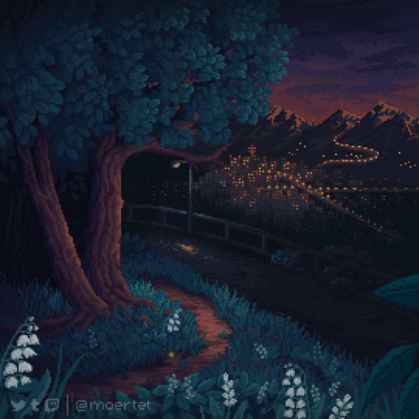 animated animated_gif artist_name bug city city_lights firefly flower grass insect lamppost lily_of_the_valley looping_animation moertel mountainous_horizon night no_humans original outdoors path pixel_art railing road scenery sky tree white_flower