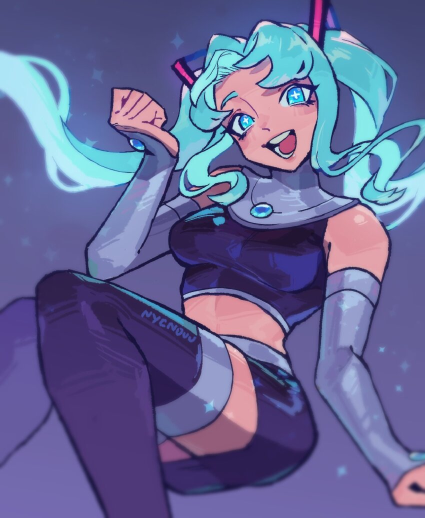 +_+ 1girl aqua_eyes aqua_hair breasts commentary cosplay crop_top dc_comics detached_sleeves hatsune_miku highres long_hair medium_breasts midriff miniskirt nycnouu open_mouth purple_skirt purple_thighhighs skirt smile solo starfire starfire_(cosplay) teen_titans thighhighs twintails vocaloid y2k_fashion zettai_ryouiki