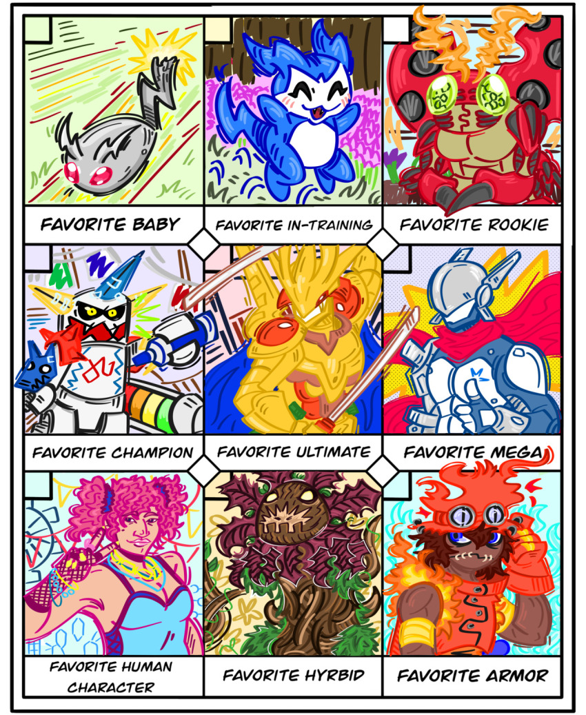 antennae blue_eyes chibimon choromon digimon digimon_(creature) fire flawizarmon grademon highres justimon omekamon petaldramon scarf shiramine_nokia spikes tentomon thumbs_up