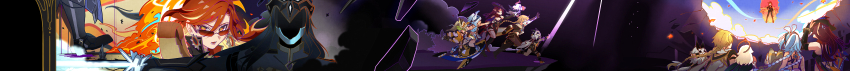 2boys 6+girls absurdres aether_(genshin_impact) black_bodysuit black_hat black_sleeves blonde_hair blue_hair blue_hairband bodysuit border braid braided_ponytail bridal_gauntlets capitano_(genshin_impact) chasca_(genshin_impact) detached_sleeves floating floating_hair from_behind from_below genshin_impact hairband hat highres iansan_(genshin_impact) incredibly_absurdres kachina_(genshin_impact) long_image looking_over_eyewear low_ponytail mask mask_on_head mavuika_(genshin_impact) mualani_(genshin_impact) multicolored_hair multiple_boys multiple_girls nakura_hakuto outstretched_arm outstretched_hand paimon_(genshin_impact) ponytail red-tinted_eyewear red_hair sunglasses tinted_eyewear two-tone_hair upper_body white_hair wide_image