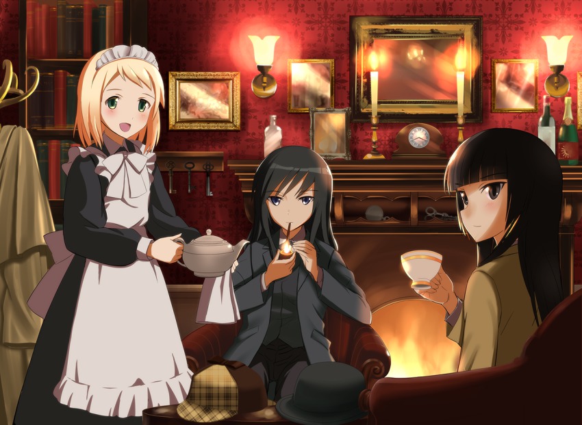 3girls :d alternate_costume anabuki_tomoko apron black_dress black_eyes black_hair blonde_hair blue_eyes blunt_bangs blush book bookshelf bottle bow candle chair clock coat_rack cosplay cup dress elizabeth_f._beurling elma_leivonen enmaided fire fireplace frills green_eyes hat holding indoors jacket john_hamish_watson john_hamish_watson_(cosplay) john_watson kaneko_(novram58) key light long_hair long_sleeves maid maid_apron maid_headdress marie_hudson martha_louise_hudson martha_louise_hudson_(cosplay) multiple_girls open_mouth pants photo_(object) pipe_in_mouth sherlock_holmes sherlock_holmes_(cosplay) short_hair sitting smile smoking_pipe strike_witches strike_witches:_suomus_misfits_squadron teacup teapot the_adventures_of_sherlock_holmes white_bow wine_bottle world_witches_series