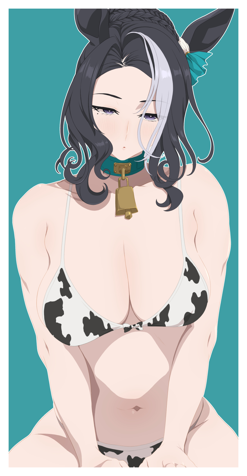1girl absurdres alternate_costume animal_ears animal_print aqua_background aqua_collar bare_shoulders bell belt_collar bikini black_hair border breasts cleavage collar collarbone commentary_request cow_print cow_print_bikini cowbell ear_ornament feet_out_of_frame highres horse_ears horse_girl kumabachi315 large_breasts mejiro_ramonu_(umamusume) mole mole_under_eye multicolored_hair navel outside_border plump print_bikini purple_eyes short_hair solo stomach streaked_hair swimsuit umamusume white_border white_hair