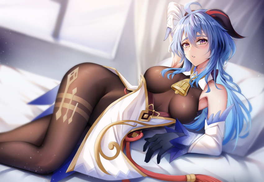 1girl ahoge bare_shoulders bed bed_sheet bedroom bell black_gloves blue_hair blush breasts detached_sleeves ganyu_(genshin_impact) genshin_impact gloves goat_horns highres horns indoors long_hair looking_at_viewer lying medium_breasts miss neck_bell on_bed pillow sidelocks solo