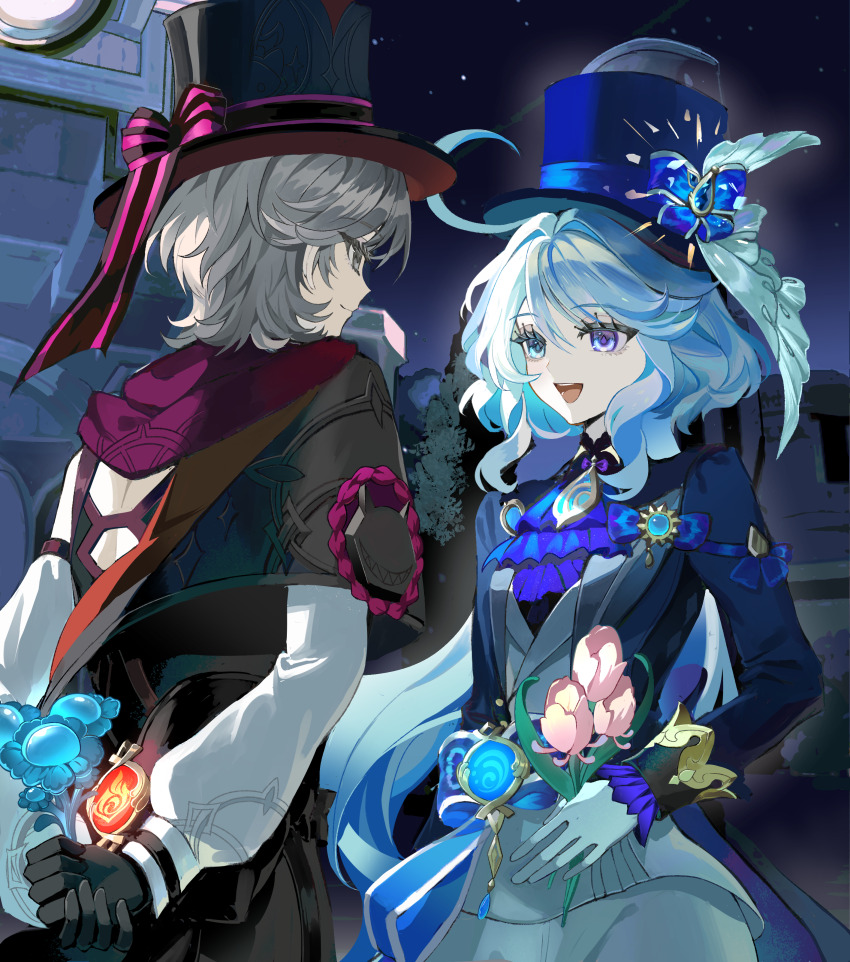1boy 1girl absurdres ahoge alternate_universe black_gloves blonde_hair blue_eyes blue_hair blue_suit chinese_commentary closed_mouth couple flower formal_clothes furina_(genshin_impact) genshin_impact gloves glowing grey_eyes hair_between_eyes happy hat hetero heterochromia highres holding holding_flower huge_ahoge jacket jewelry light_smile long_sleeves looking_at_another looking_to_the_side lyney_(genshin_impact) magician mixed-language_commentary multicolored_hair night night_sky open_mouth outdoors pendant short_hair shorts sky standing star_(sky) starry_sky streaked_hair suit suit_jacket sumiaomiaorin symbol-shaped_pupils teeth top_hat upper_body upper_teeth_only vision_(genshin_impact) wavy_hair white_gloves