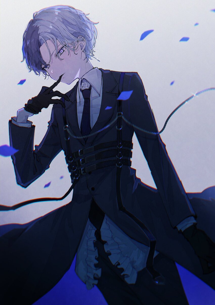 1boy aoyagi_touya arm_at_side biting black_gloves black_necktie blue_eyes blue_hair collared_shirt commentary_request dark_blue_hair earrings biting_glove gloves gradient_background hand_up harness highres jewelry jishio long_sleeves male_focus mole mole_under_eye multicolored_hair necktie project_sekai shirt short_hair solo split-color_hair two-tone_hair zozotown