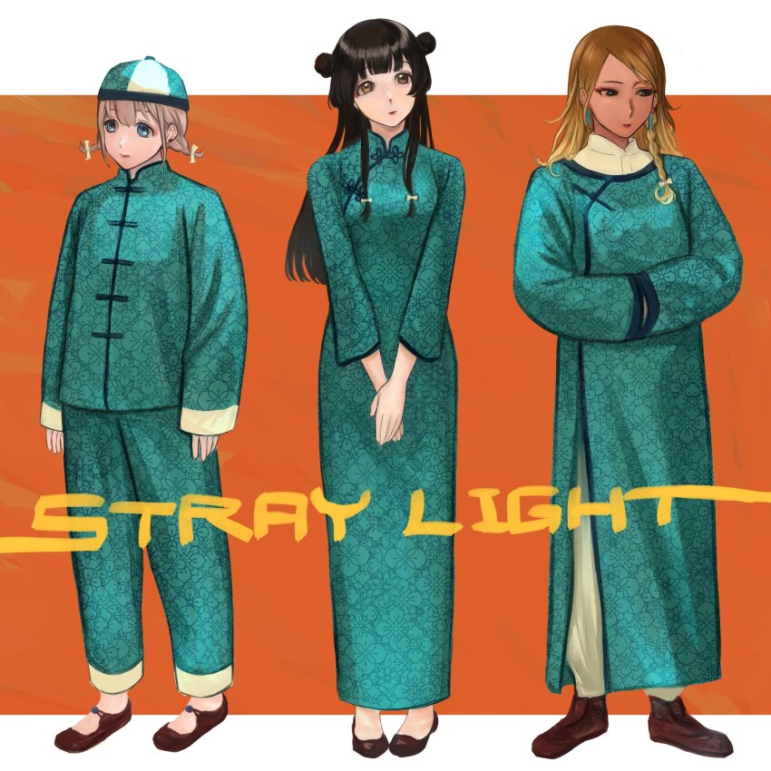 3girls alternate_costume aqua_coat aqua_jacket aqua_pants arms_at_sides black_hair blue_eyes border braid brown_eyes brown_hair brown_shoes changpao china_dress chinese_clothes coat dark-skinned_female dark_skin double_bun dress earrings flats full_body gradient_hair guapi_mao hair_bun hands_in_opposite_sleeves head_tilt highres idolmaster idolmaster_shiny_colors izumi_mei jacket jewelry long_hair long_sleeves looking_at_viewer low_twin_braids makeup mayuzumi_fuyuko multicolored_hair multiple_girls orange_background outside_border own_hands_together pants patterned_clothing red_lips serizawa_asahi shoes short_hair side_braid simple_background smile standing straylight_(idolmaster) striped_hat tangzhuang twin_braids v_arms white_border yamaichi_(yama3ichi4)