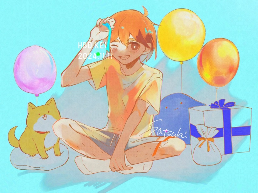 1boy balloon blue_background box bright_pupils brown_eyes brown_hair dark-skinned_male dark_skin dog gift gift_box grey_shorts grin hector_(omori) highres indian_style kel_(faraway)_(omori) kel_(omori) looking_at_viewer male_focus omori one_eye_closed orange_shirt parted_lips satsuki_1243 shirt short_sleeves shorts simple_background sitting smile solo t-shirt teeth white_pupils