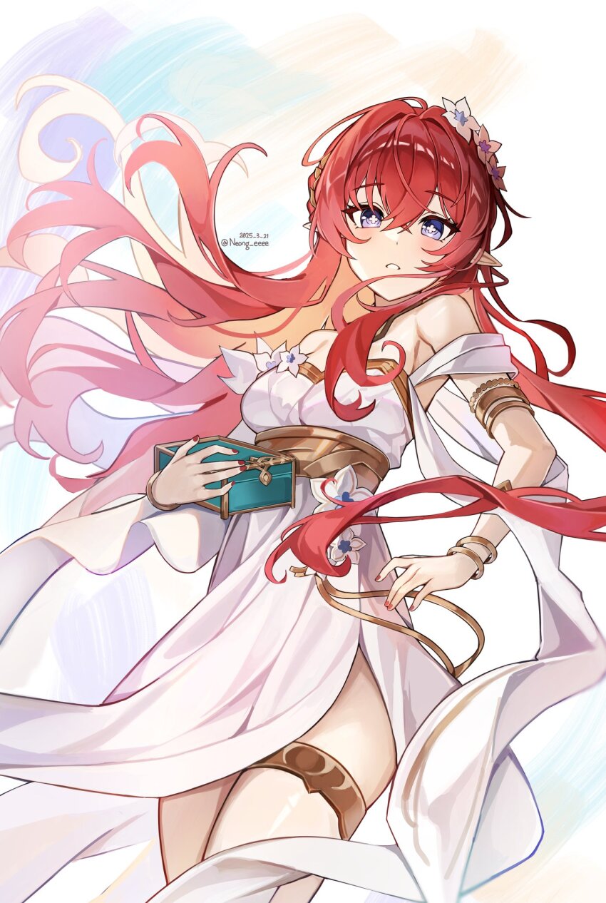 1girl ancient_greek_clothes bare_shoulders blue_eyes box bracelet breasts commentary dated dress gold_armlet gold_bracelet greco-roman_clothes head_wreath highres holding holding_box honkai:_star_rail honkai_(series) jewelry liverpool0427 long_hair medium_breasts pointy_ears red_hair red_nails solo thigh_strap tribios_(honkai:_star_rail) twitter_username white_dress