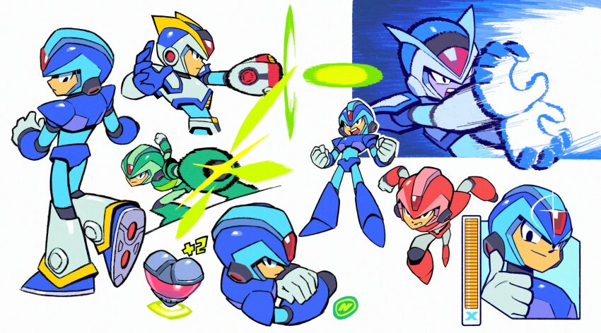 1boy arm_cannon armor armored_boots blue_armor blue_gloves blue_helmet boots energy_ball energy_beam energy_blast expressionless first_armor_x_(mega_man) forehead_jewel from_behind full_body gem glint gloves green_armor hadouken hands_up health_bar heart helmet highres leg_up looking_at_self looking_at_viewer looking_back looking_down male_focus mega_man_(series) mega_man_x1 mega_man_x_(series) multiple_views nuri_durr official_alternate_color official_alternate_costume portrait red_armor red_gemstone serious standing standing_on_one_leg thumbs_up w_arms weapon white_armor white_gloves x_(mega_man)